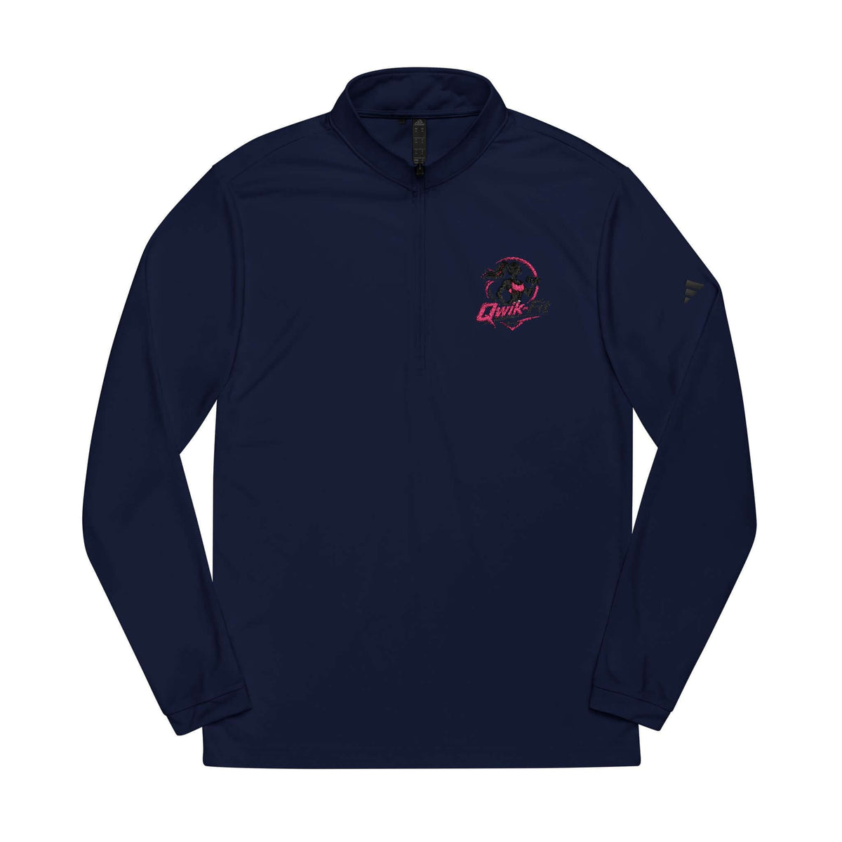 Embroidered soccer pullover in Collegiate Navy with quarter-zip neckline for training and layering.