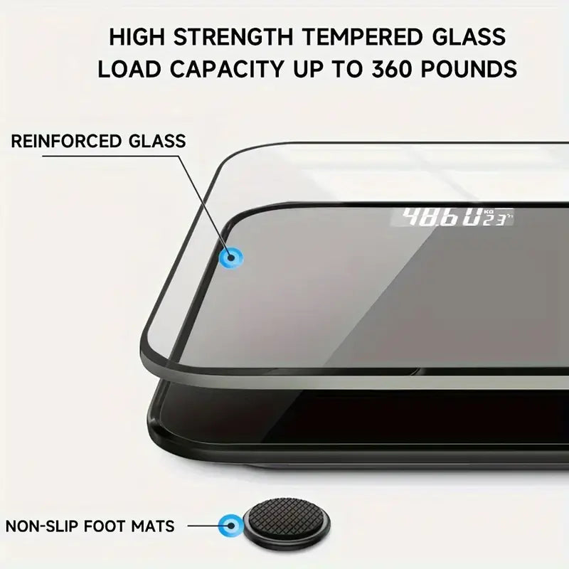 High precision battery powered body weight scale showcasing high strength tempered glass and non-slip foot mats.