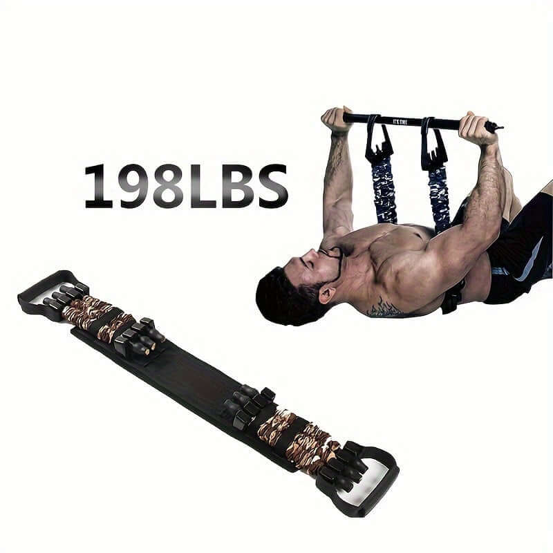 Man using chest resistance band home workouts to build upper body strength with adjustable resistance bands.