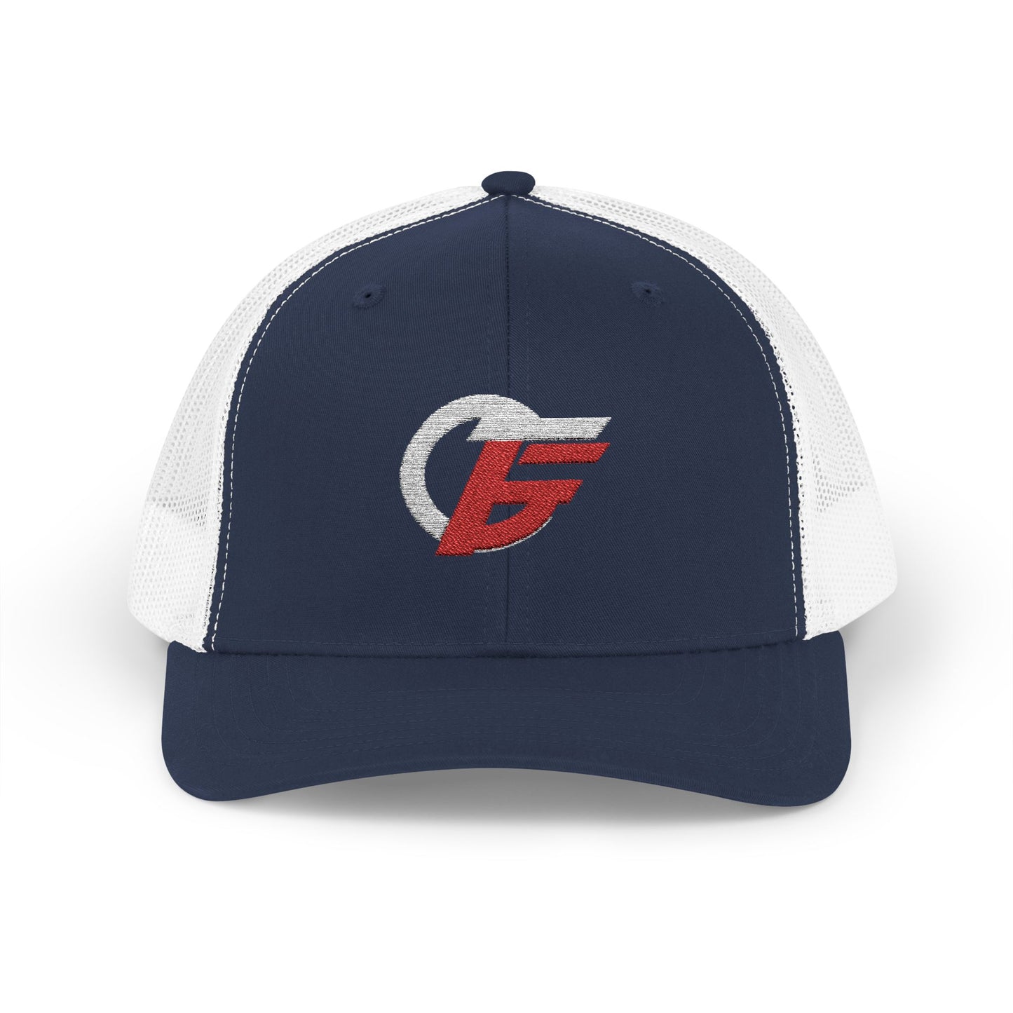 Distressed red and white logo snapback trucker hat by Printify, featuring classic Emblem Trucker Cap design with adjustable strap.
