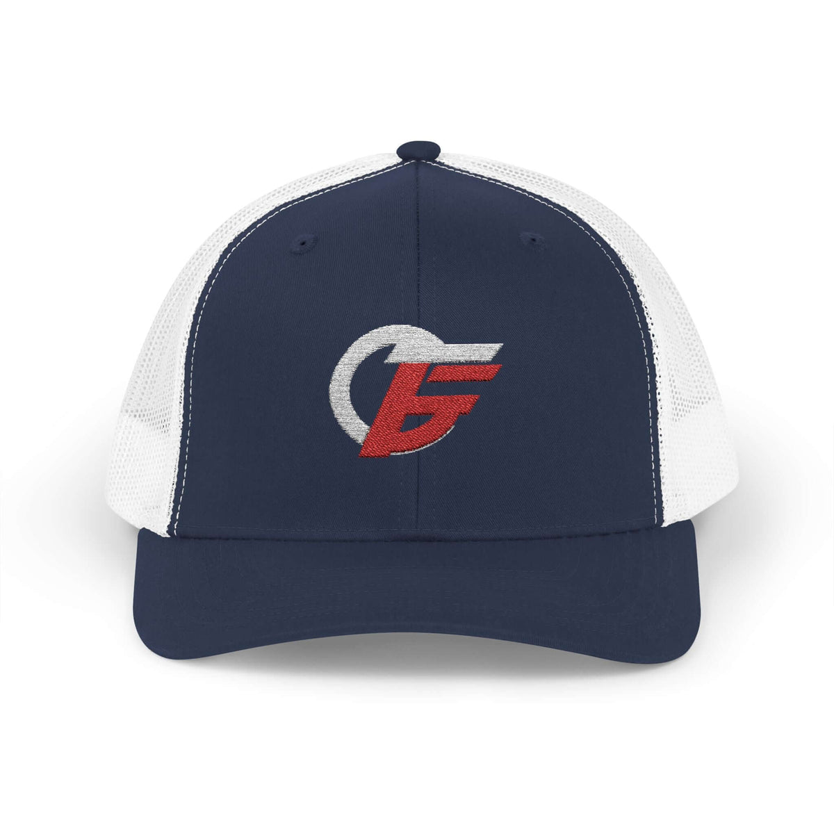 Emblem Trucker Cap in navy and white featuring a distressed red and white trucker cap logo, ideal for active routines.