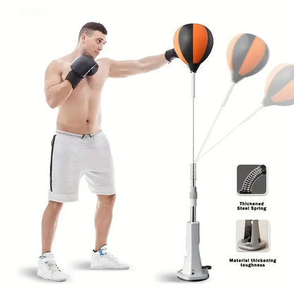 Adjustable 55-66 inch boxing reflex ball with suction cup base, steel spring, for home gym boxing training and hand-eye coordination.
