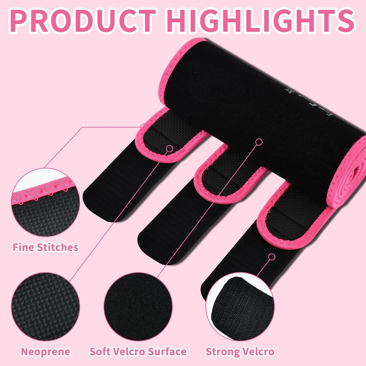 Unisex sweat waist trainer for fat loss showcasing product highlights like strong Velcro surface and fine stitches.