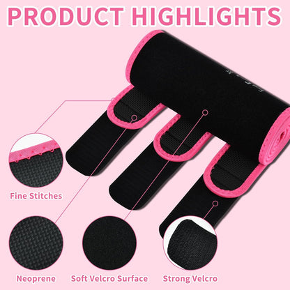 Unisex sweat waist trainer for fat loss showcasing product highlights like strong Velcro surface and fine stitches.