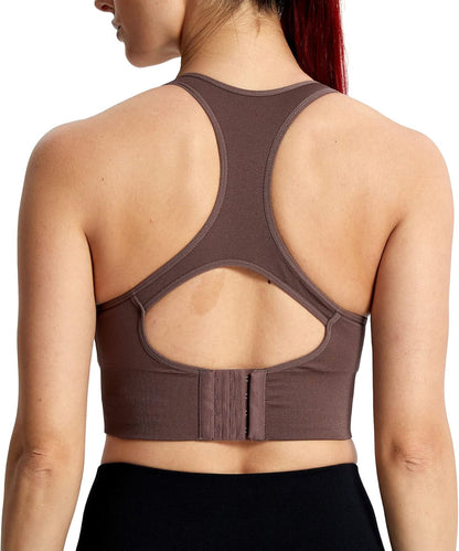 Aoxjox women's Cocoa Brown seamless sports bra for workout, running, and yoga, featuring a racerback design and athletic fit.