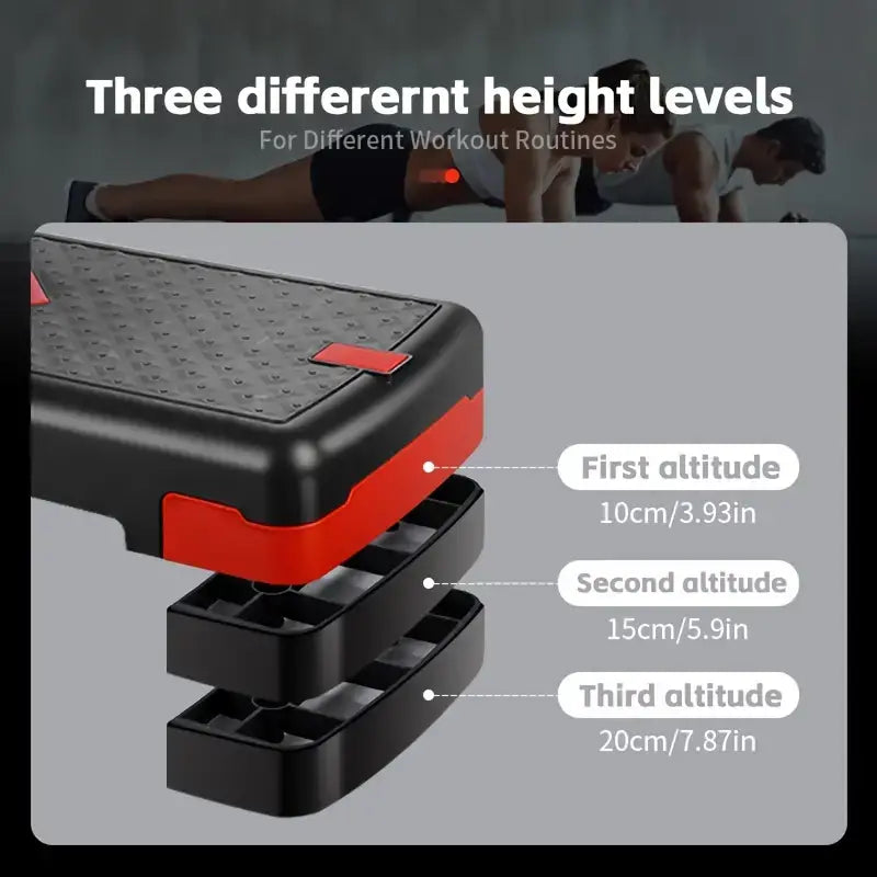 Adjustable fitness pedal with pull rope showcasing three height levels for versatile workout routines.
