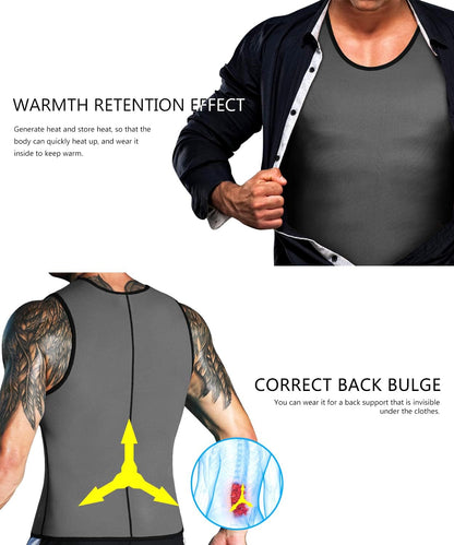 Nonecho men's neoprene sauna vest for workouts showing warmth retention effect and correct back bulge.
