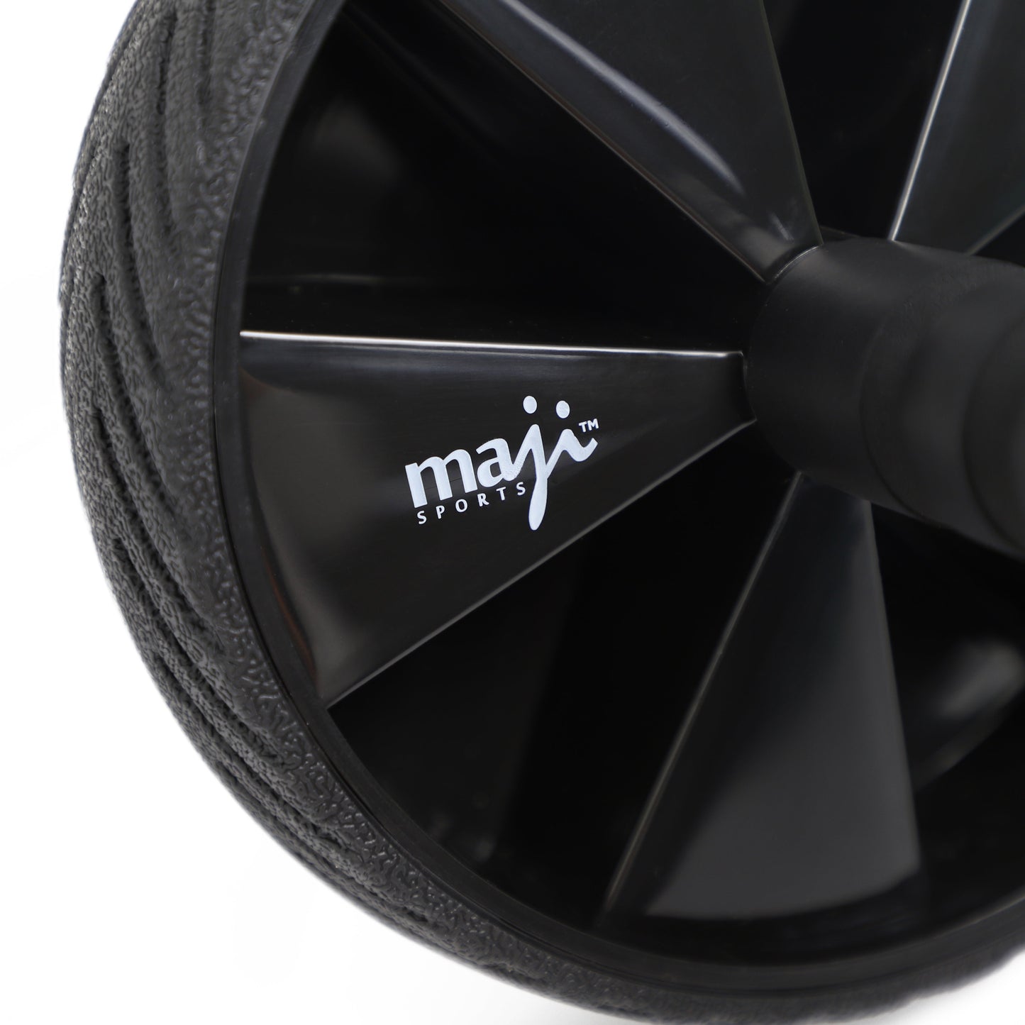 Maji Sports core training ab wheel close-up showing design and branding for effective workouts.