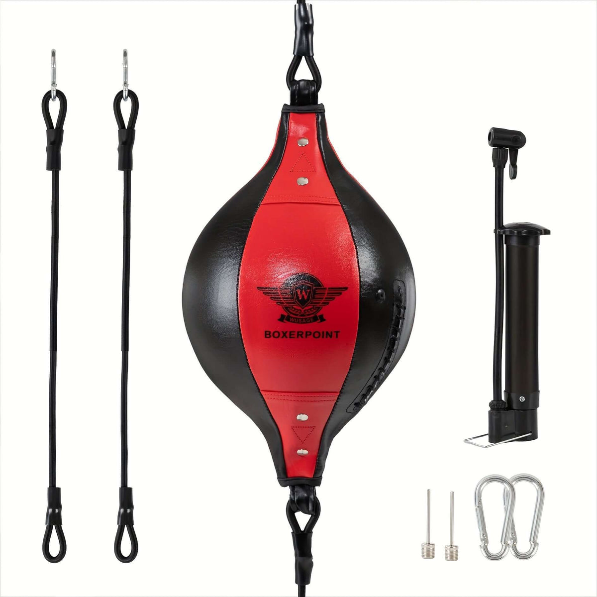 Double end bag for MMA training in red and black with accessories for speed and agility workouts.