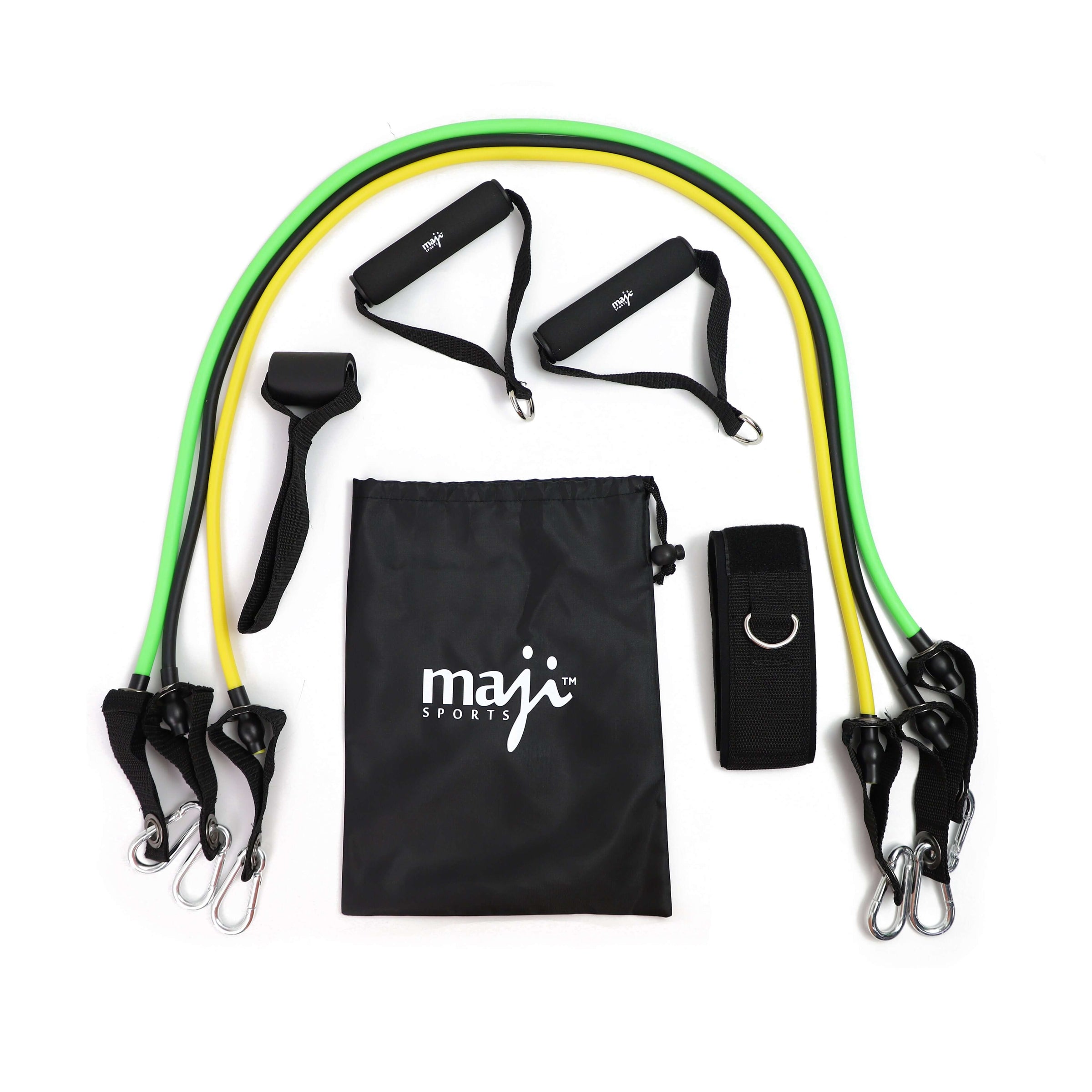 Maji Sports full-body resistance training kit including colorful resistance bands and accessories in a carry pouch.