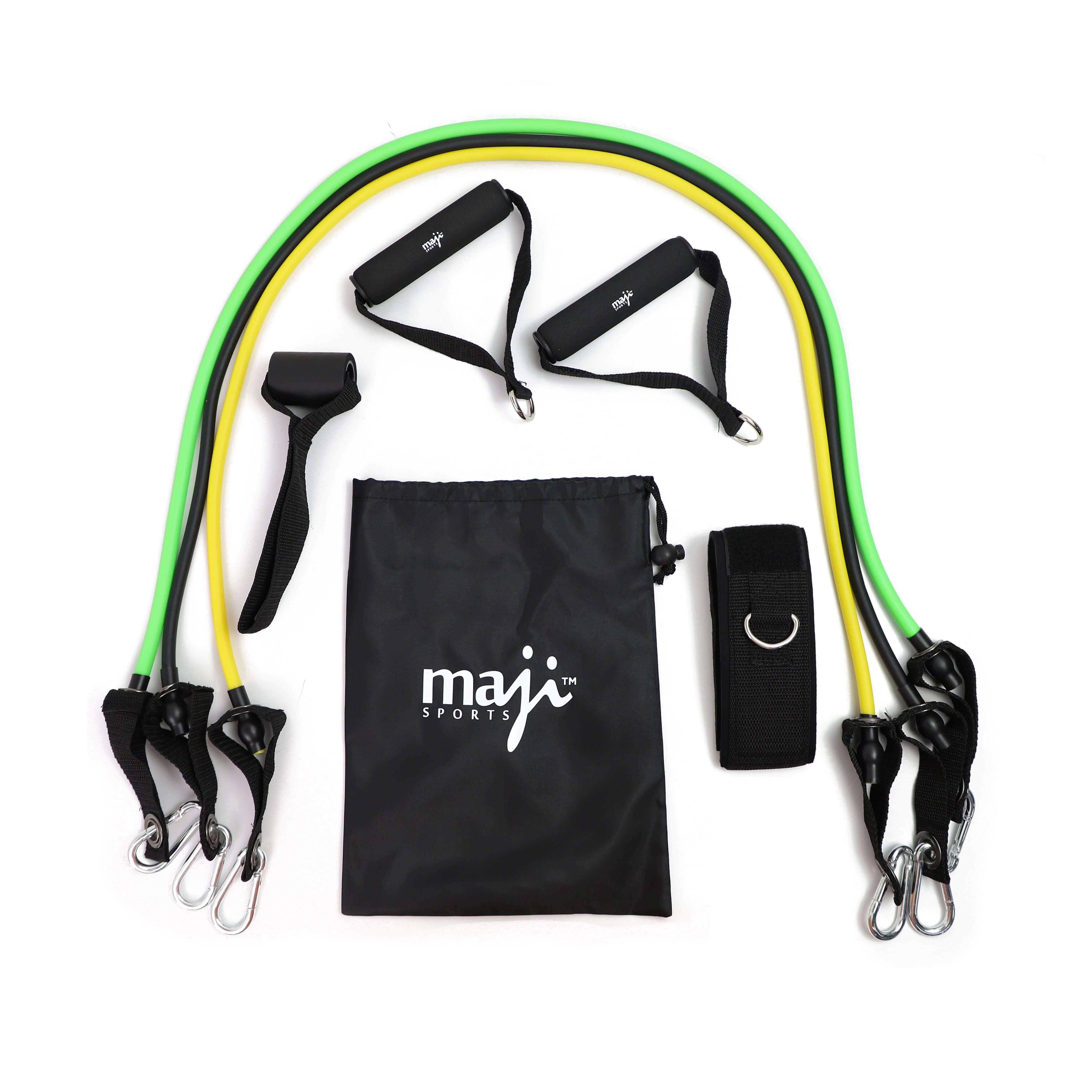 Maji Sports full-body resistance training kit including colorful resistance bands and accessories in a carry pouch.