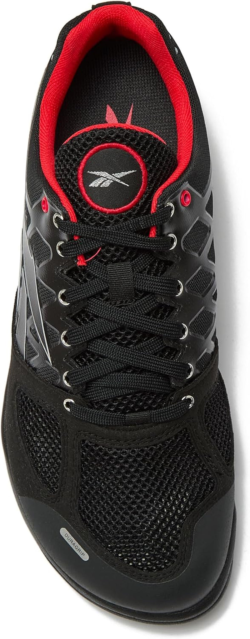 Reebok men's Nano 2.0 cross training shoes in black with gray accents, showing side view and breathable mesh design.