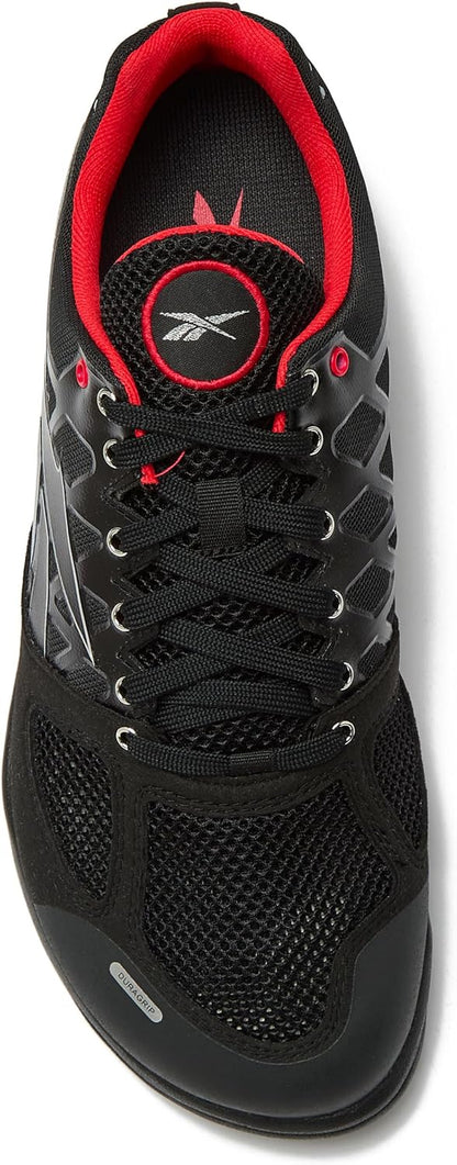 Reebok men's Nano 2.0 cross training shoes in black with gray accents, showing side view and breathable mesh design.