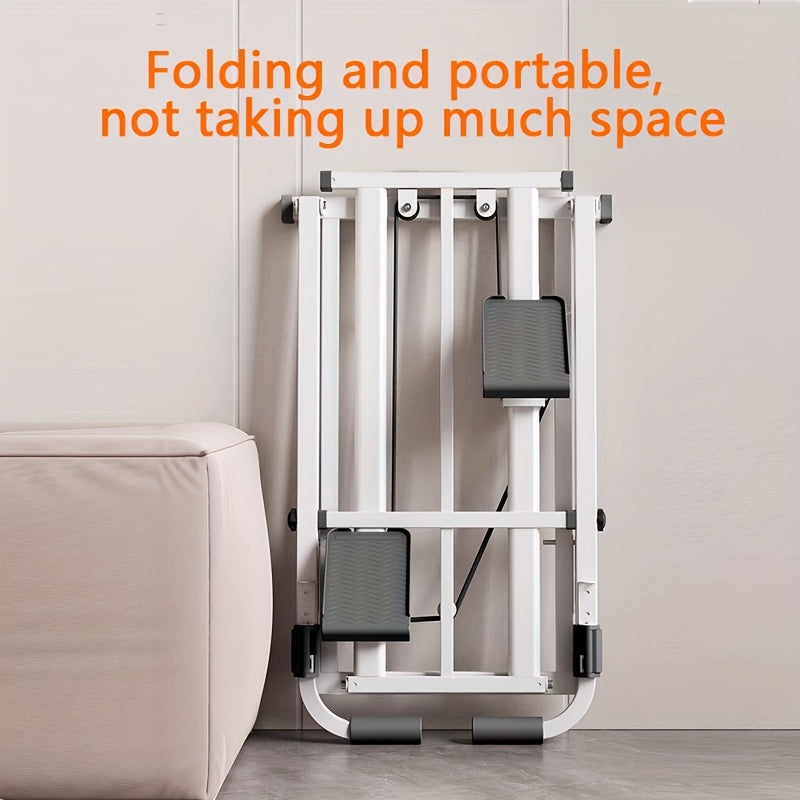 Foldable stair climber fitness machine shown in a compact, space-saving position against a wall.