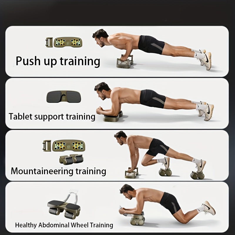 Push up, tablet support, mountaineering, and healthy abdominal wheel training using an automatic rebound ab wheel trainer.