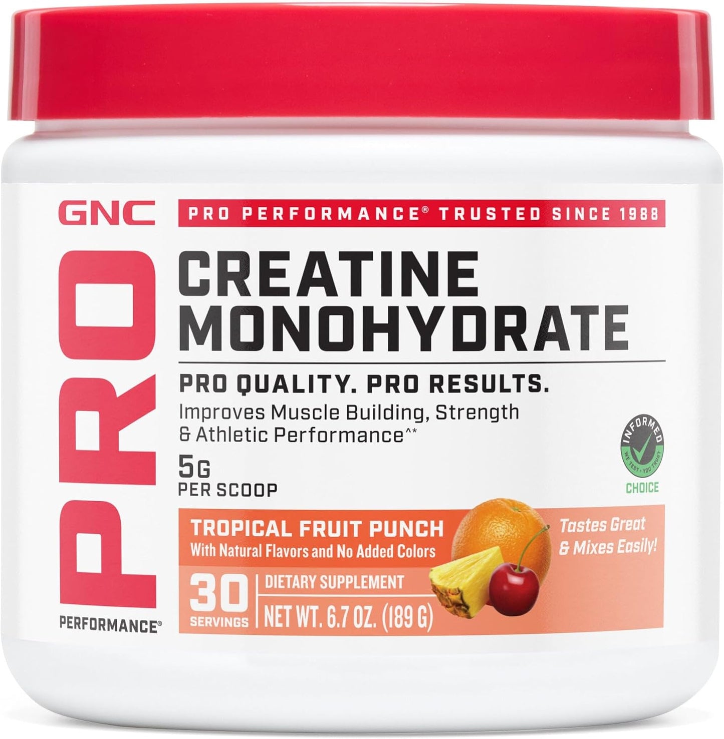 GNC Pro Performance Micronized Creatine Monohydrate - Daily Workout Supplement for Elite Athletes - Micronized Creatine Powder Drink Mix - Sports Nutrition - Tropical Punch - 30 Servings