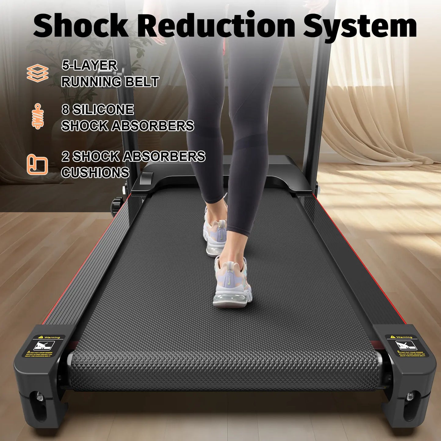 Fitness Essentials GORUN 8.5MPH folding treadmill with 3-level incline, shock-absorbing belt, Bluetooth, compact for small spaces.
