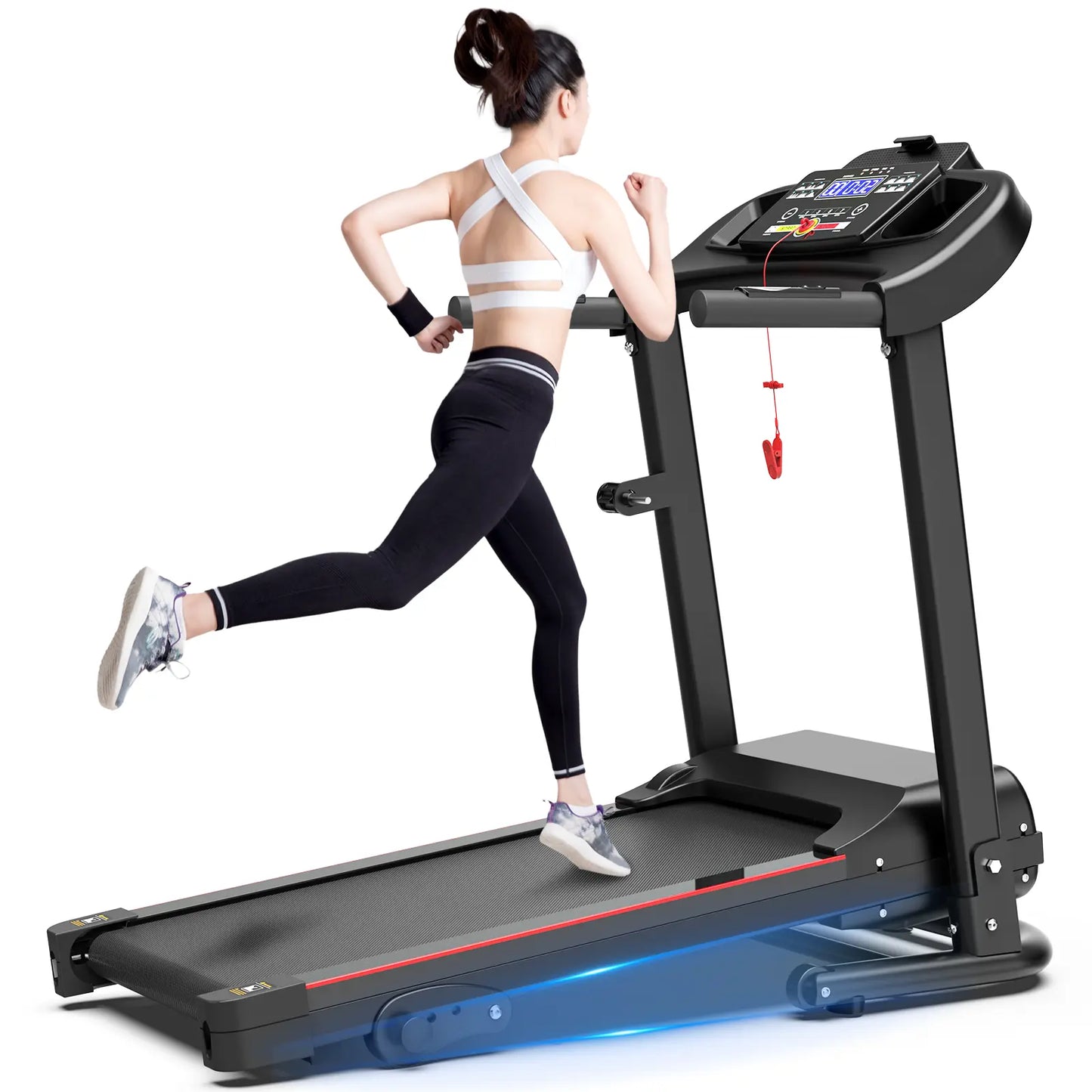Fitness Essentials GORUN 8.5MPH folding treadmill with incline, shock-absorbing belt, Bluetooth, compact design for indoor home exercise.