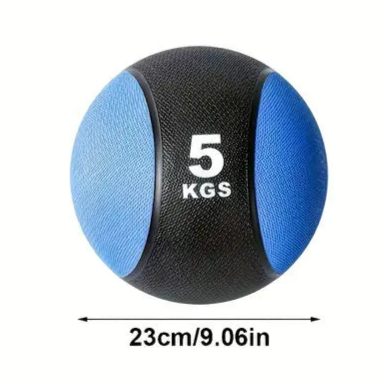 5kg solid rubber medicine ball showing dimensions and texture, designed for fitness and workout routines.