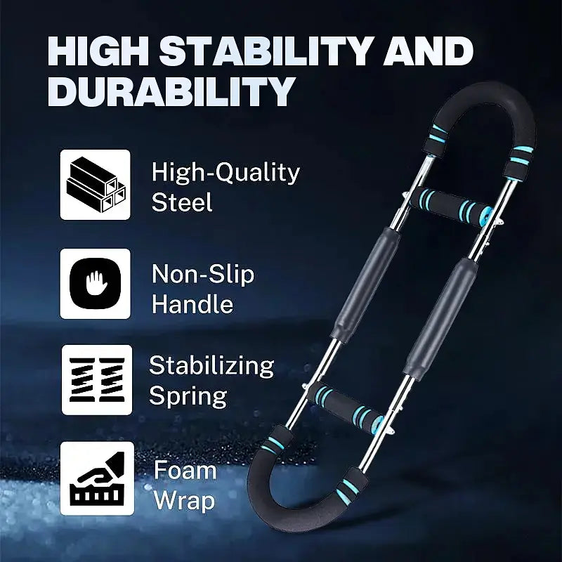 Fitness Essentials heavy-duty steel power twister with adjustable resistance, U-shaped arm for chest and arm strength training.