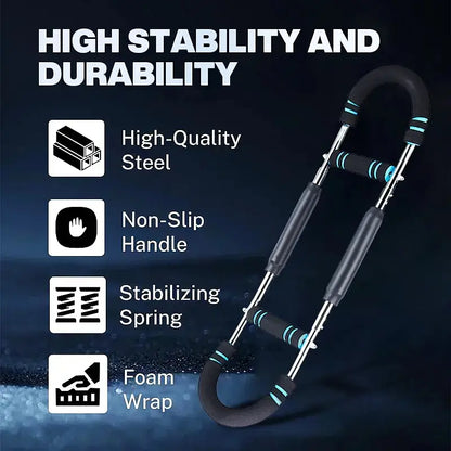 Fitness Essentials heavy-duty steel power twister with adjustable resistance, U-shaped arm for chest and arm strength training.