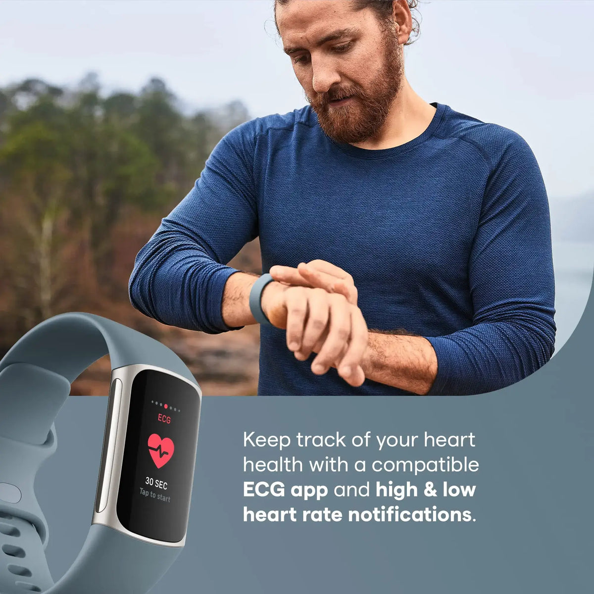 Man using health fitness tracker blue to monitor heart health with ECG app and notifications in outdoor setting.