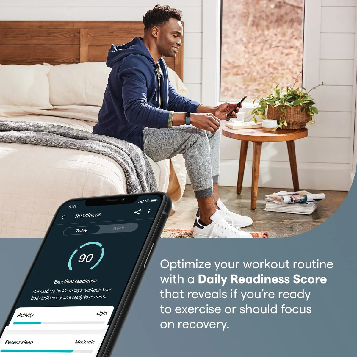 Man using health fitness tracker blue app to optimize workout routine with Daily Readiness Score.