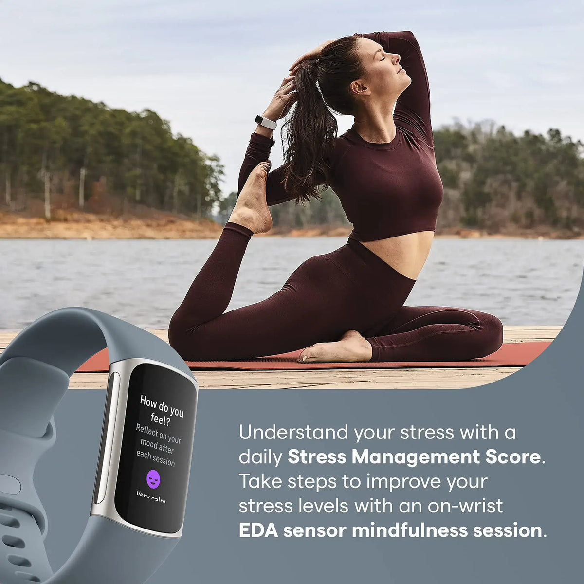 Health fitness tracker blue in use with woman practicing yoga by the water, highlighting stress management capabilities.