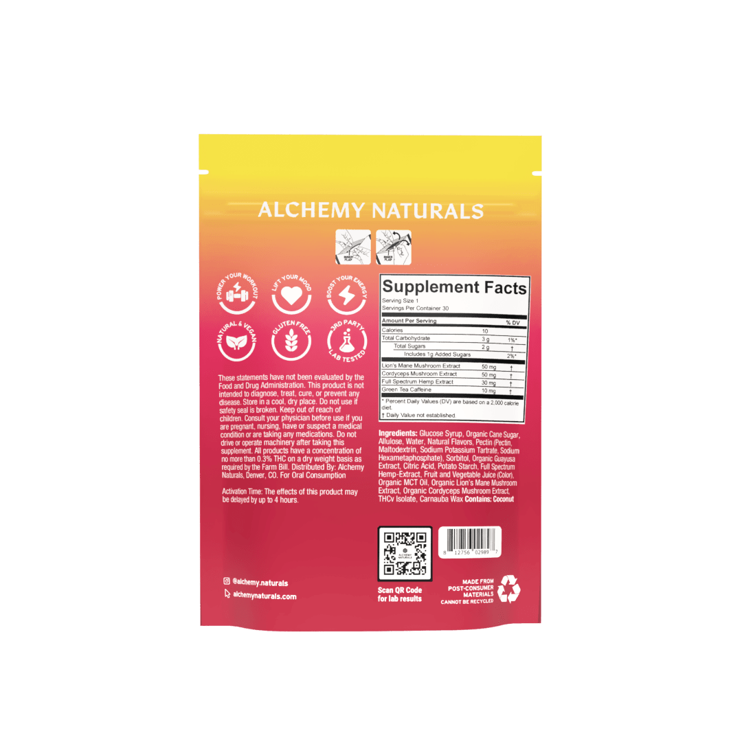 Back packaging of Alchemy Naturals CBD Uplift Gummies for Mood & Workout, showing supplement facts and ingredients.