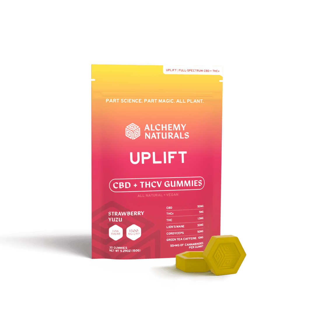 CBD Uplift Gummies for Mood & Workout, featuring Alchemy Naturals packaging and yellow gummies.