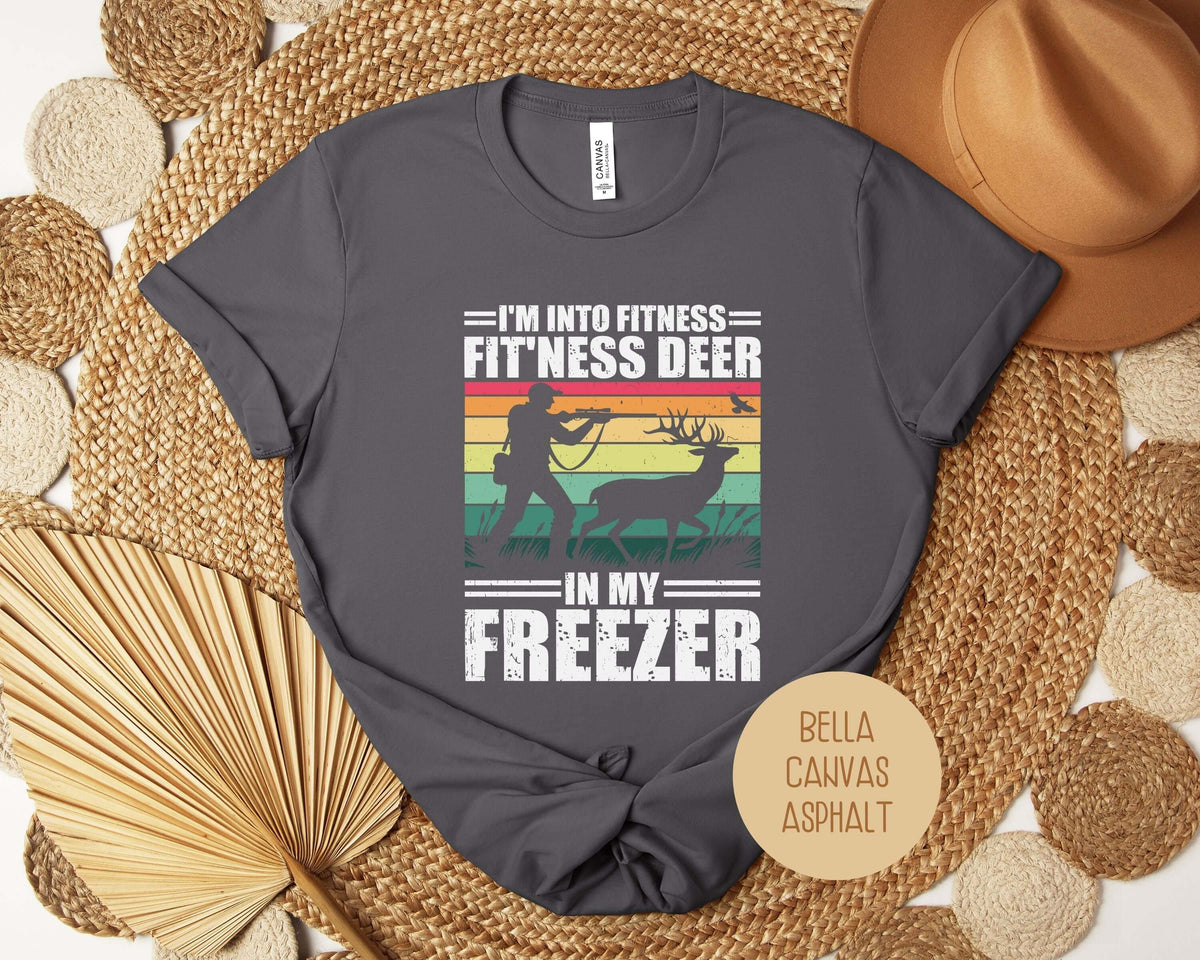 Funny hunting fitness shirt featuring a deer graphic on an asphalt colored tee, perfect for casual wear and training.