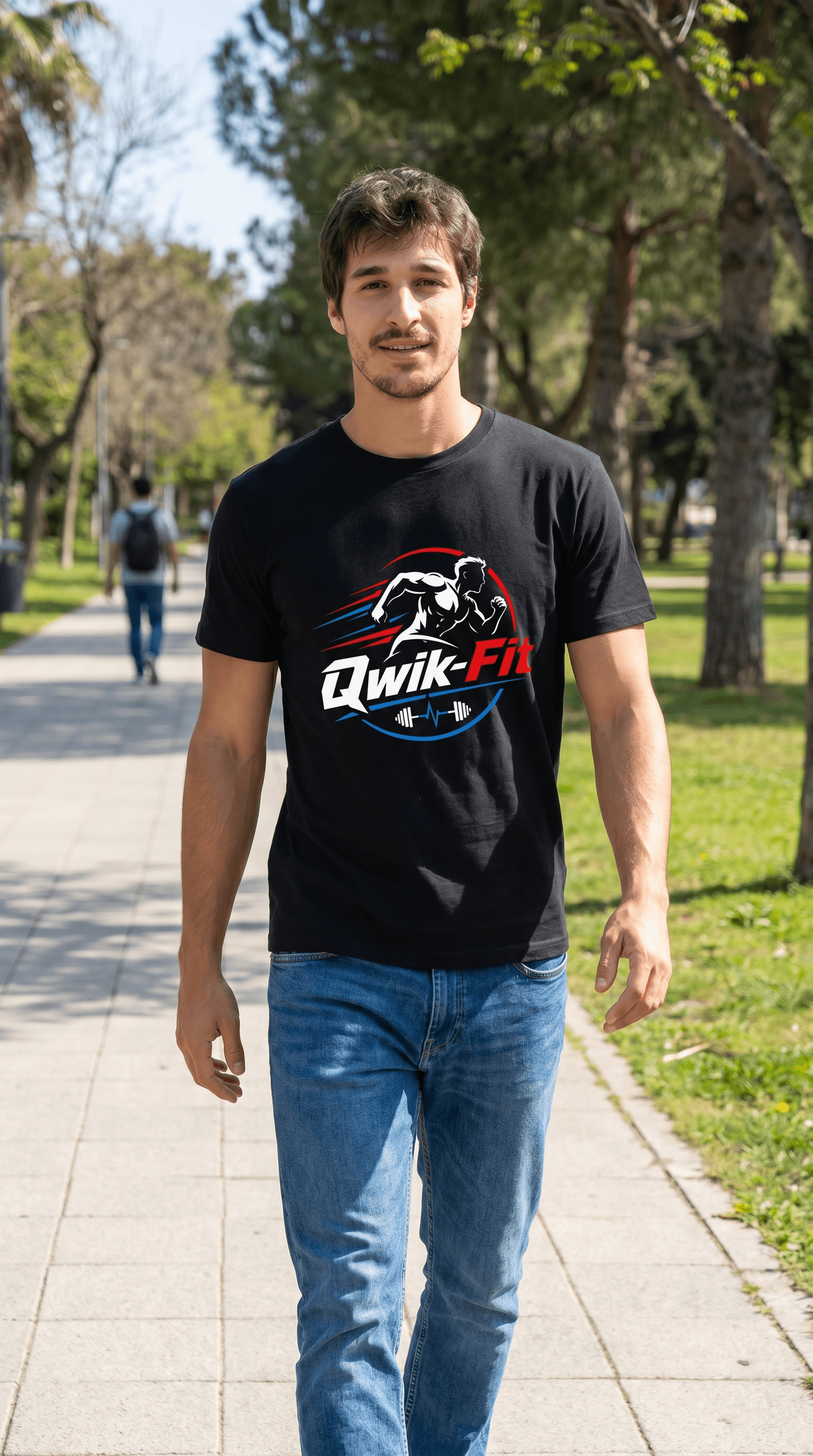 Man wearing a black Qwik-Fit V-Neck Workout T-Shirt while walking in a park, perfect for workouts and casual outings.