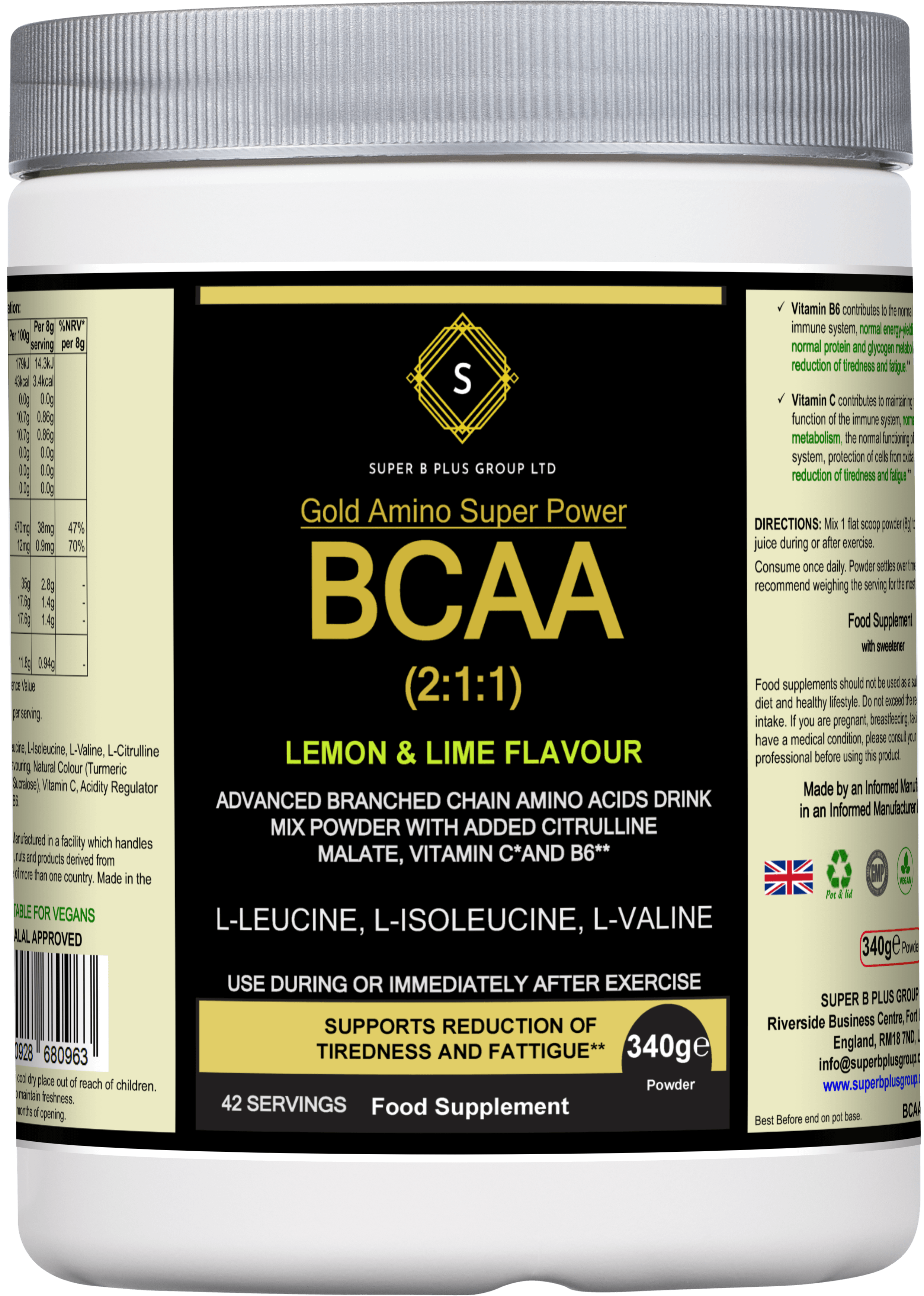 BCAA 2:1:1 supplement for muscle recovery in lemon and lime flavor, 340g container from Super B Plus.