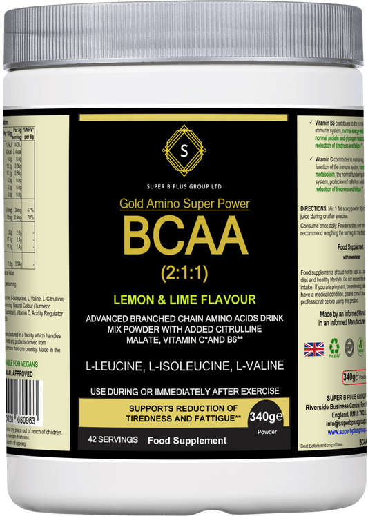 BCAA 2:1:1 supplement for active lifestyle in lemon and lime flavor from Super B Plus Group.