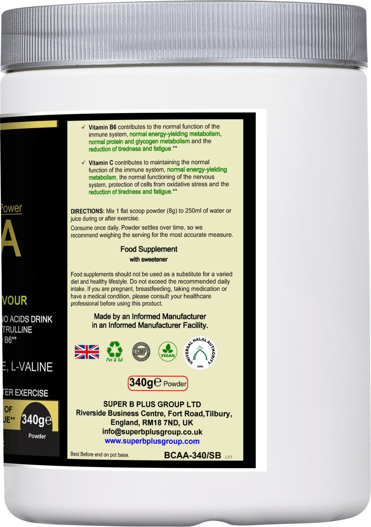 BCAA 2:1:1 supplement for muscle recovery, container showing nutritional information and directions.