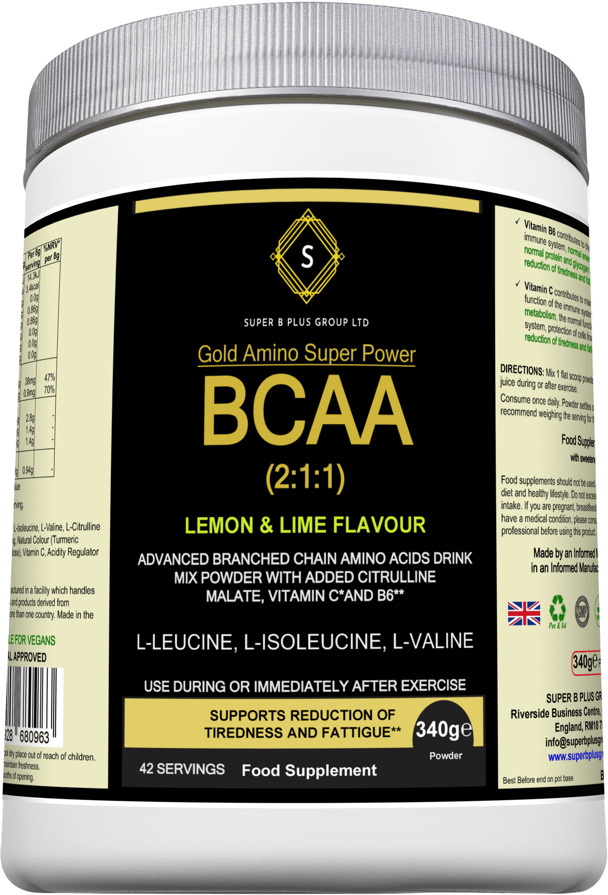 BCAA 2:1:1 supplement for muscle recovery in lemon & lime flavour, 340g powder with added vitamins.