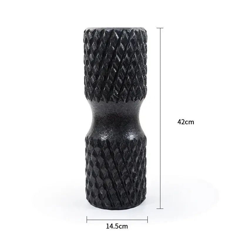 Fitness yoga foam roller in black, designed for flexibility and mobility improvement, 42cm long and 14.5cm wide.