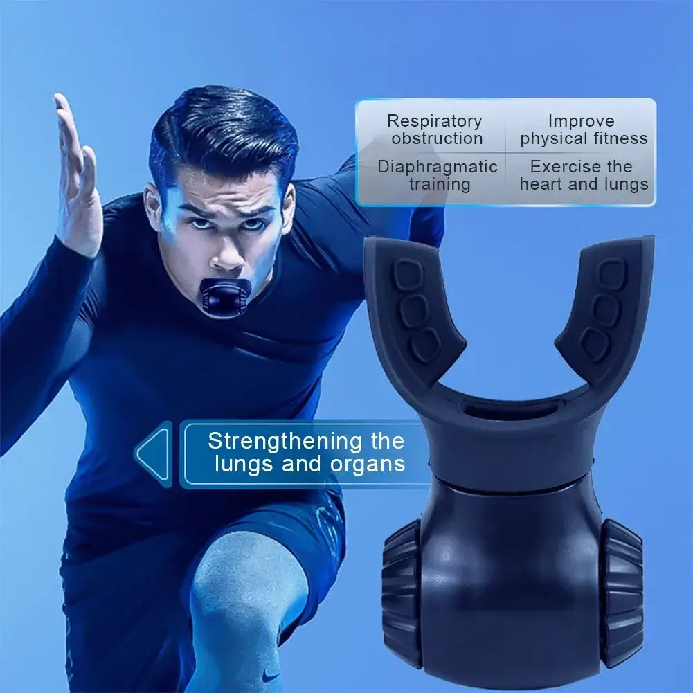 Adjustable resistance breathing trainer with model showcasing lung strength exercises and fitness improvement features.