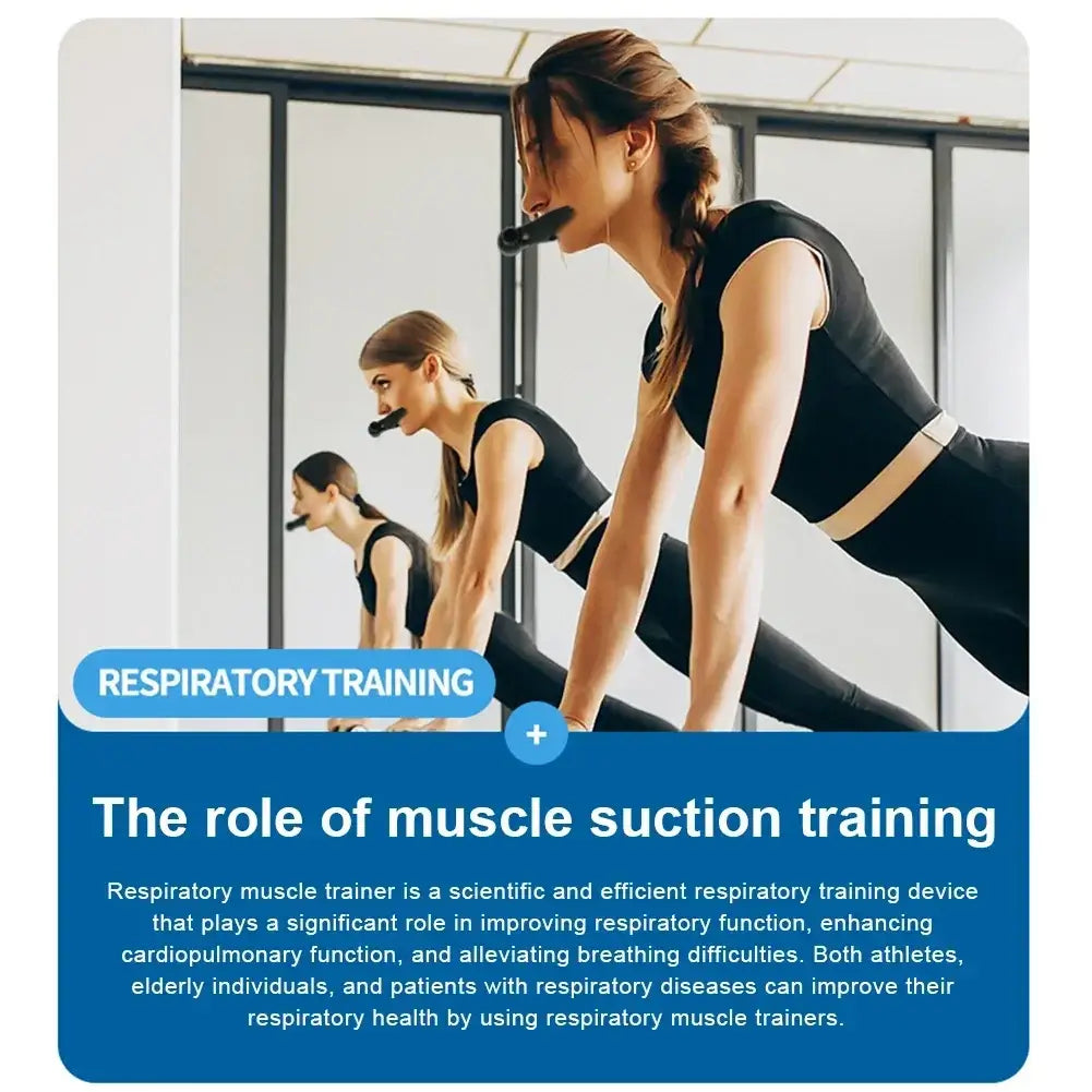 Adjustable resistance breathing trainer for respiratory training and muscle suction exercises.