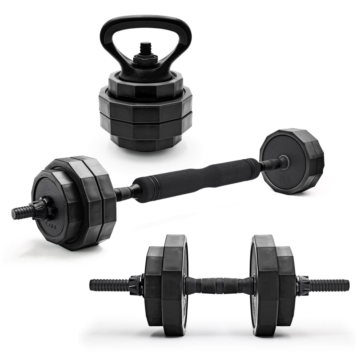 CAP 66Lb Versatile Weight Set - Adjustable Dumbbell, Barbell & Kettlebell for Complete Full-Body Workouts, Sleek Black Design