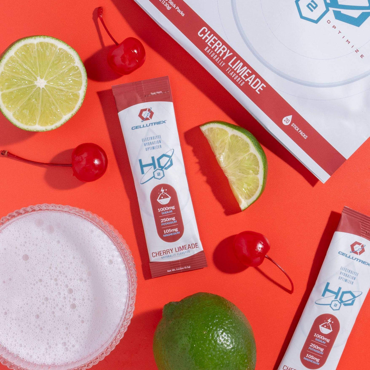 H2O ELECTROLYTES™ cherry limeade electrolyte powder sachet with cherries and lime on a bright background.