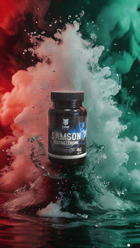 Samson active lifestyle dietary supplement in a dynamic splash of color, promoting energy and wellbeing.