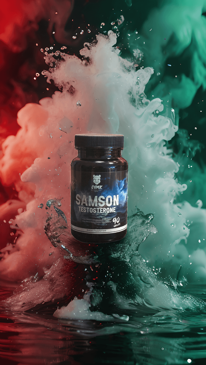 Samson active lifestyle dietary supplement in a dynamic splash of color, promoting energy and wellbeing.
