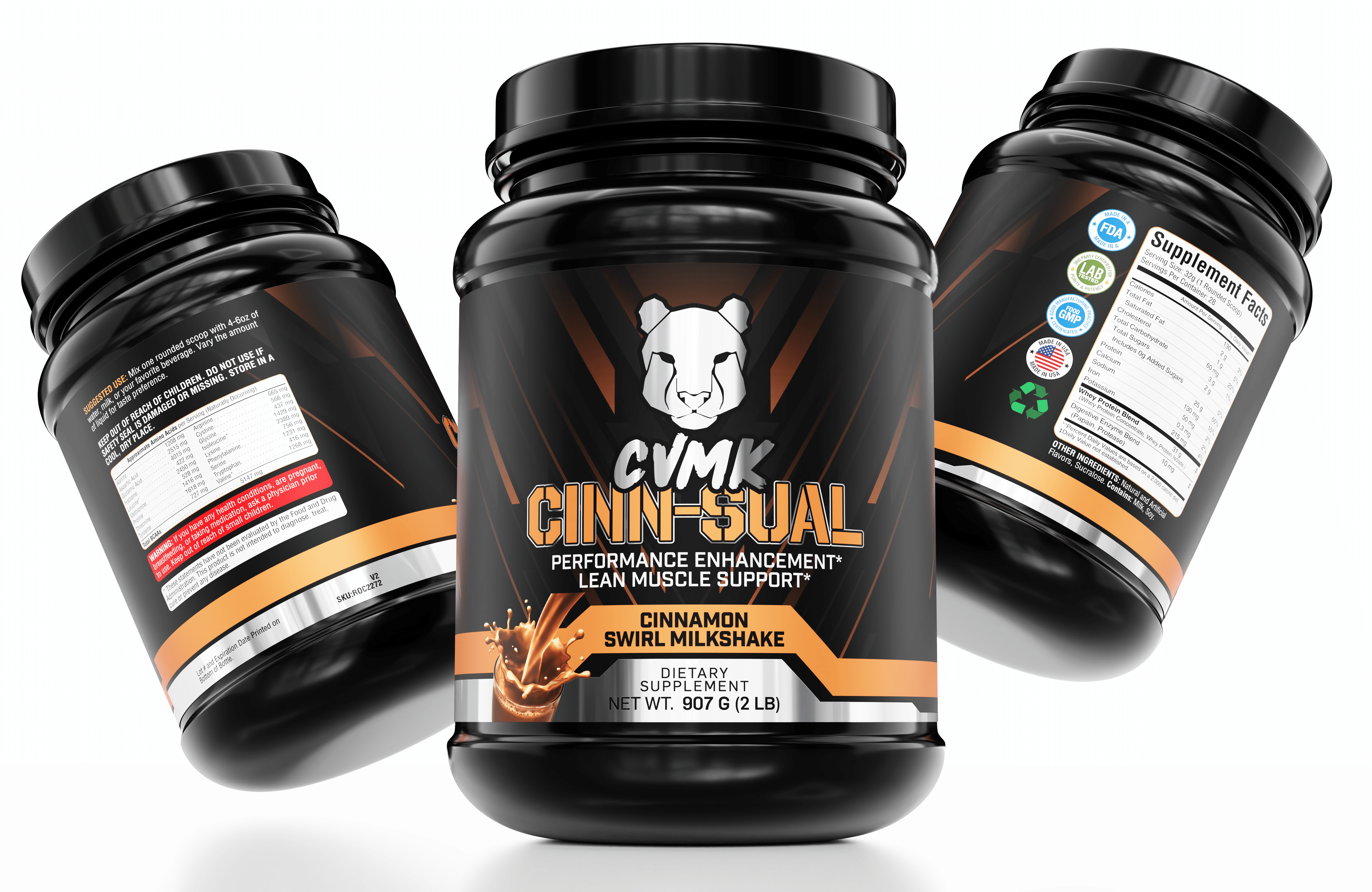 CINN-SUAL Protein cinnamon protein powder for fitness in three jars with nutrition labels, ideal for workouts.