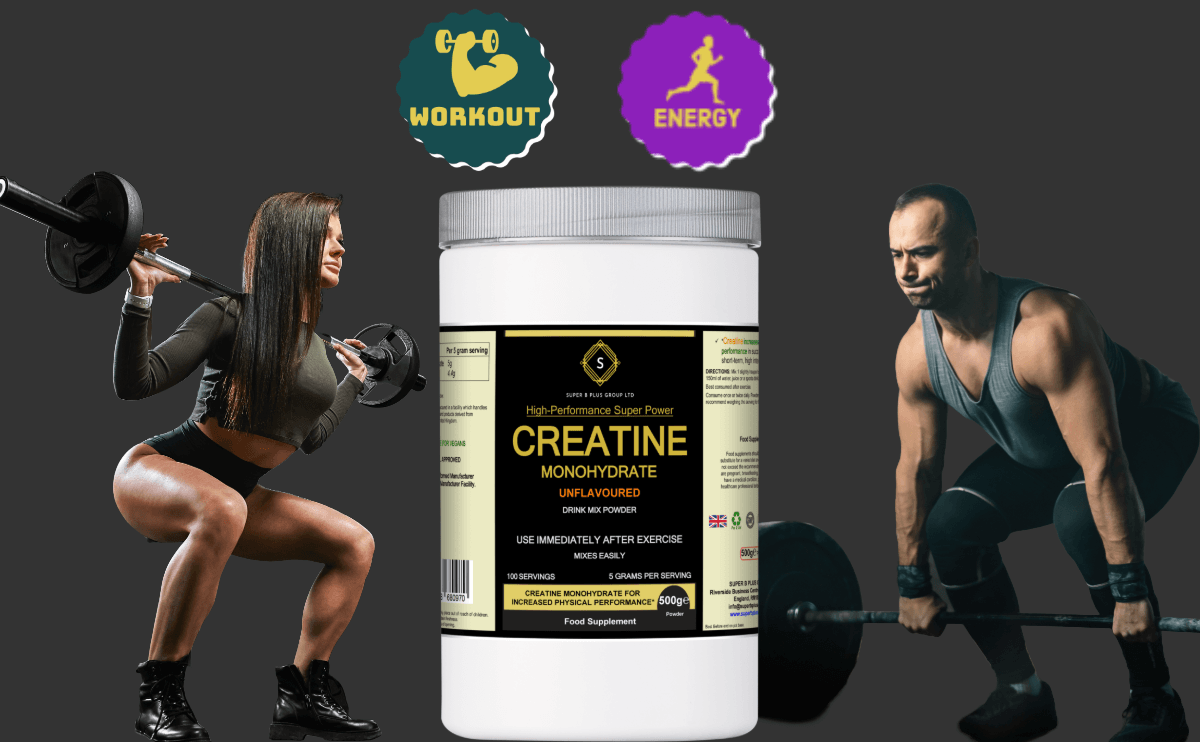 High-performance creatine monohydrate supplement with athletes lifting weights for enhanced workouts and energy.