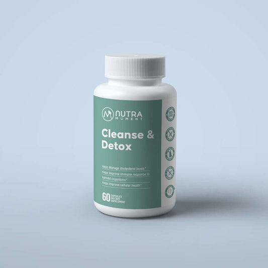 Cleanse & Detox supplement bottle on a light background, featuring product benefits and dosage details.