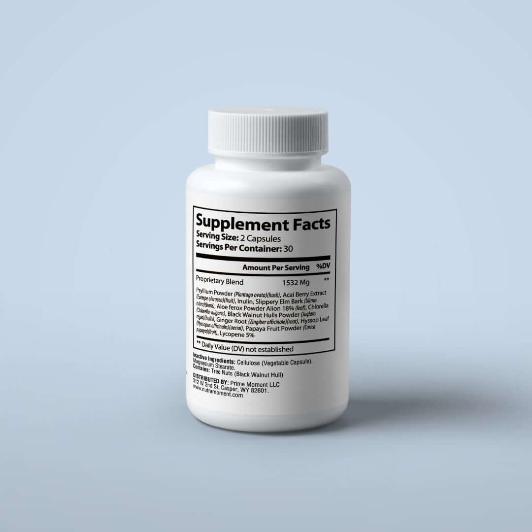 Supplement facts for premium cleanse and detox supplement, showing ingredients and serving size.