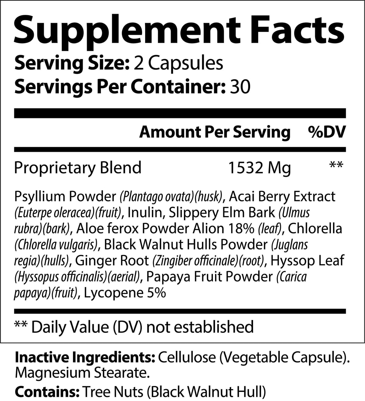 Supplement Facts for premium cleanse and detox supplement, detailing ingredients and serving information.