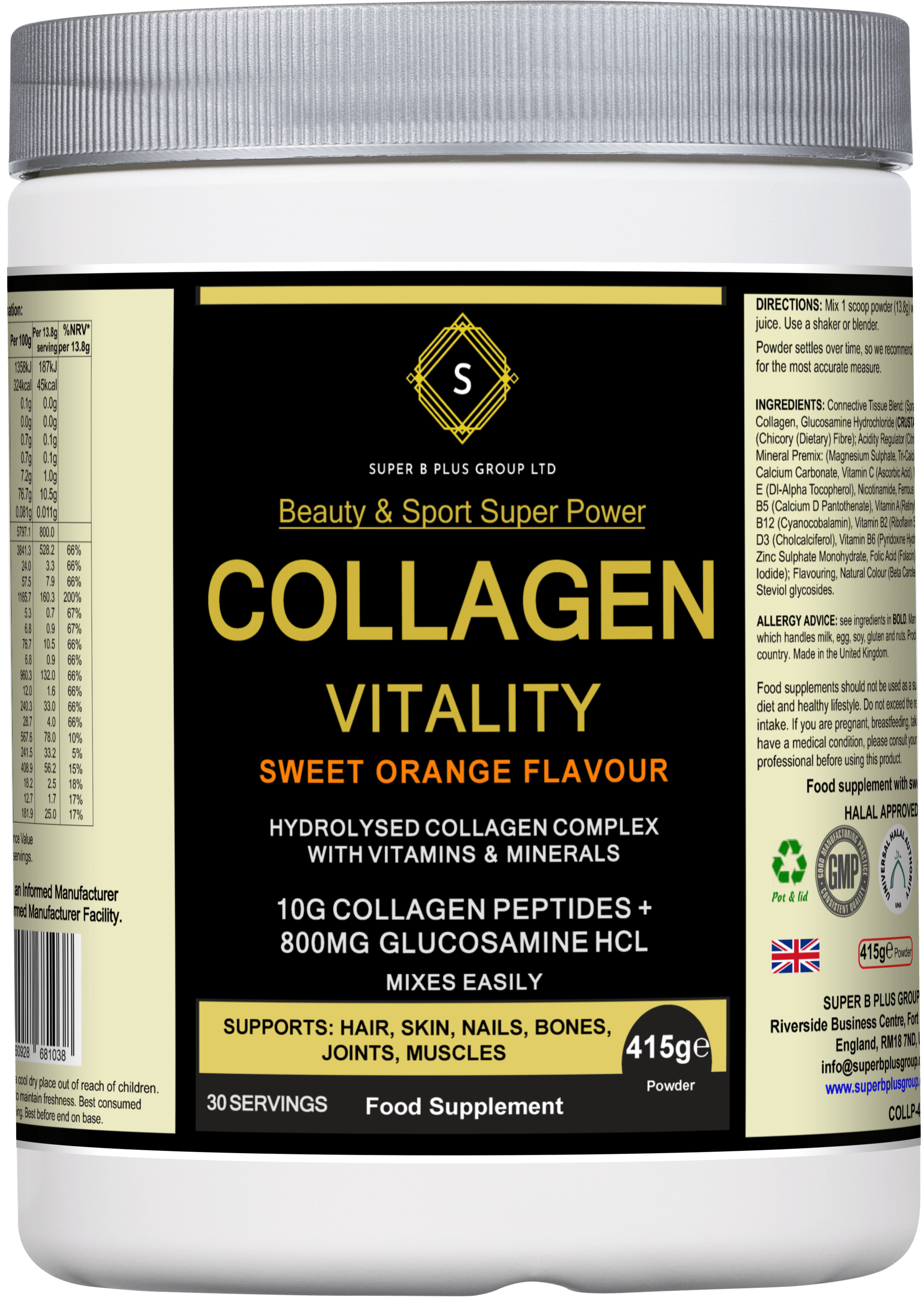 Collagen Vitality premium collagen vitality powder supplement in sweet orange flavor, supports hair, skin, and joints.