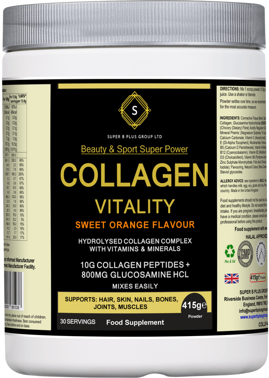 Collagen Vitality powder supplement with sweet orange flavor, hydrolyzed collagen, vitamins, and minerals for wellness.